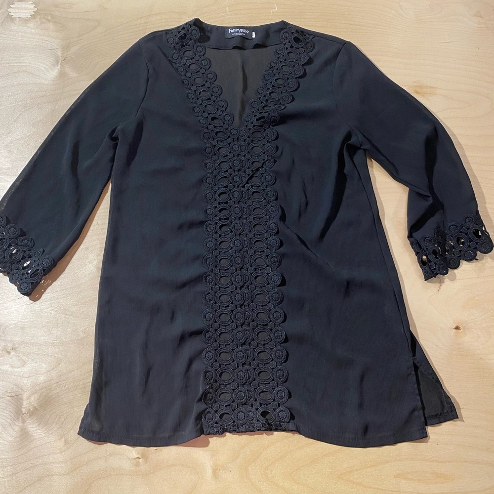 Fancyqube Black Lace Trim Tunic Sheer Top Medium (HO)